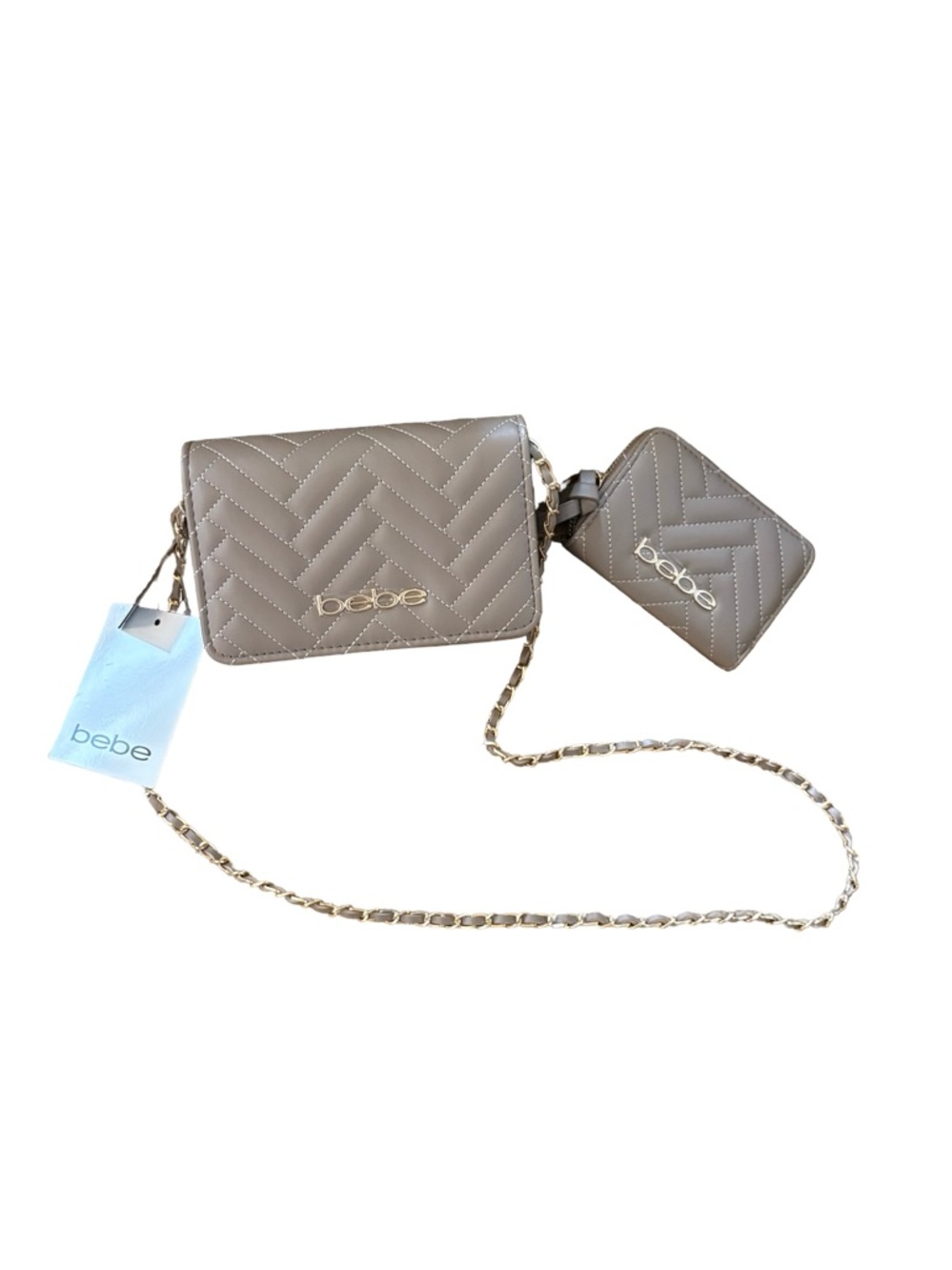 bebe Quilted Taupe Crossbody with Coin Pouch and Chain Strap